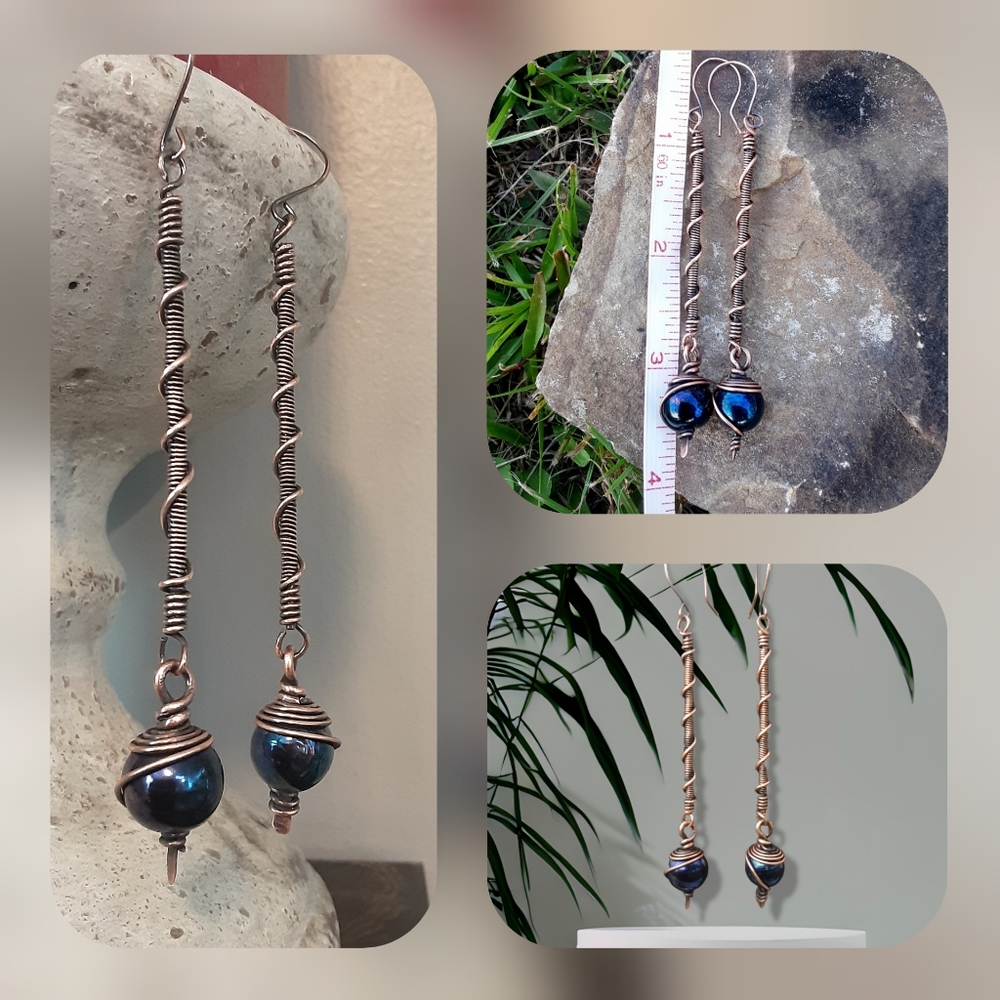 Handcrafted Wire Wrapped Earrings w/Iridescent Bead